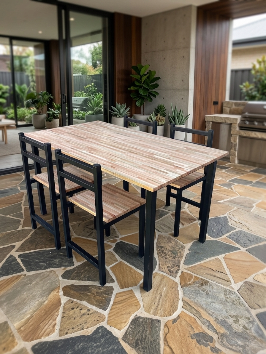 Mesa y sillas de comedor para exterior en eucalipto y hierro